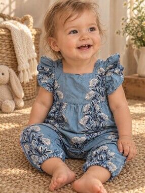 Pink Chicken Blue Floral Ruffle-Sleeve Romper 12M